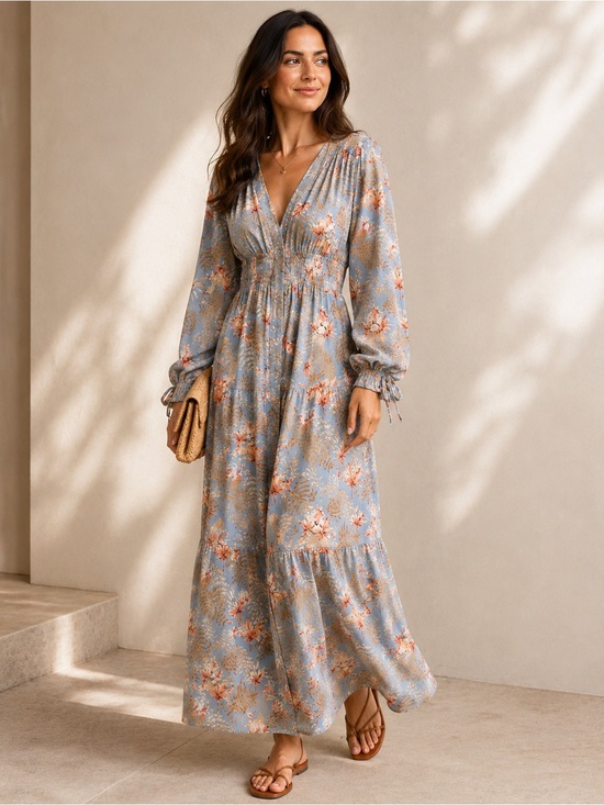 Red Dress Boutique Dresses & Skirts - Long Sleeve Floral Blue Maxi Dress- Red Dress Boutique - Like New